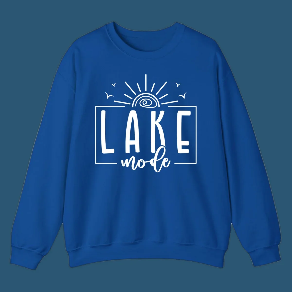 Lake mode text with sun and birds illustration