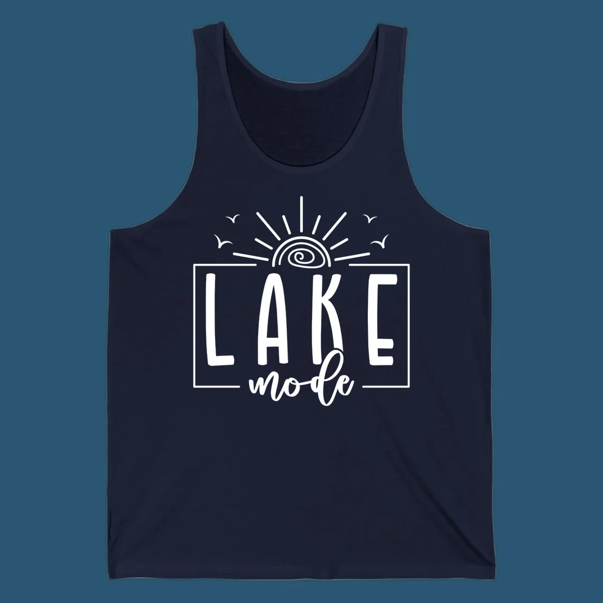 Lake mode text with sun and birds illustration