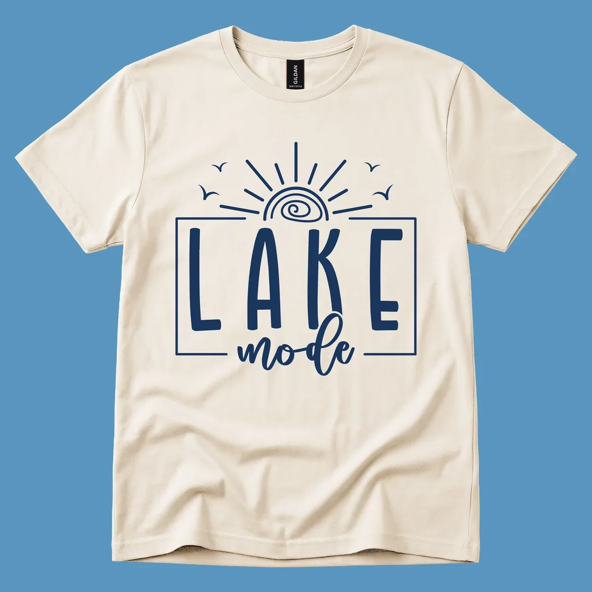 Lake mode text with sun and birds illustration