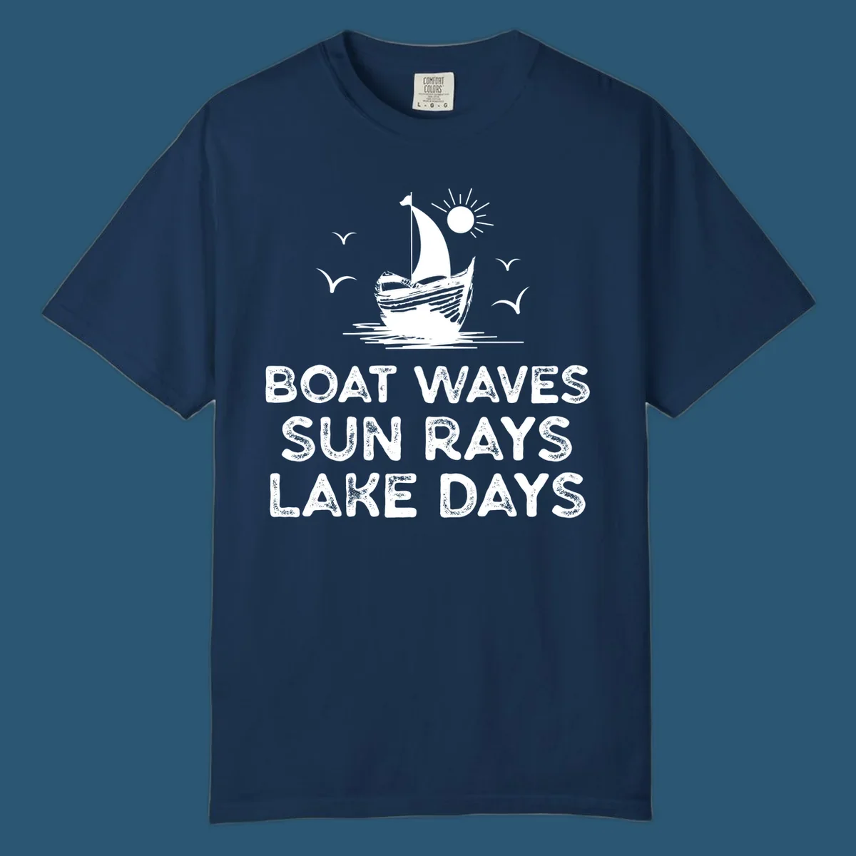 Boat waves sun rays lake days illustration with sailboat and sun, on black and white backgrounds.