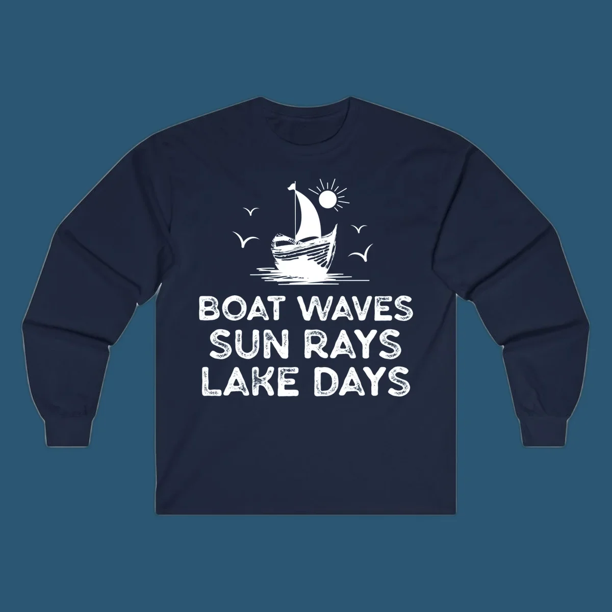 Boat waves sun rays lake days illustration with sailboat and sun, on black and white backgrounds.