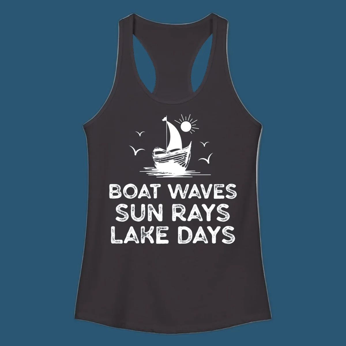 Boat waves sun rays lake days illustration with sailboat and sun, on black and white backgrounds.