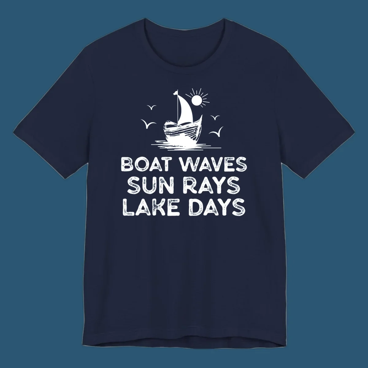 Boat waves sun rays lake days illustration with sailboat and sun, on black and white backgrounds.