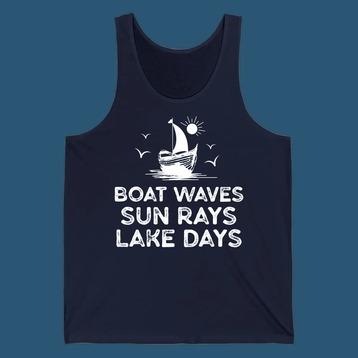 Boat waves sun rays lake days illustration with sailboat and sun, on black and white backgrounds.