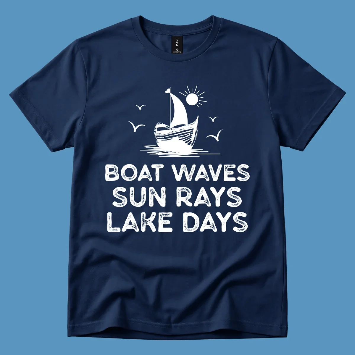 Boat waves sun rays lake days illustration with sailboat and sun, on black and white backgrounds.