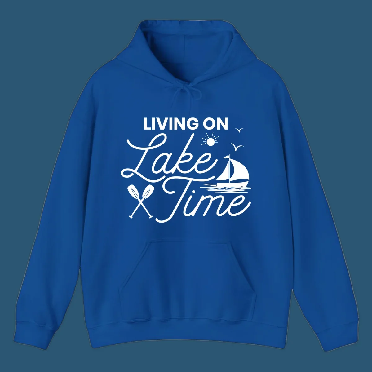 Living on lake time text with sailboat, sun, birds, and oars.
