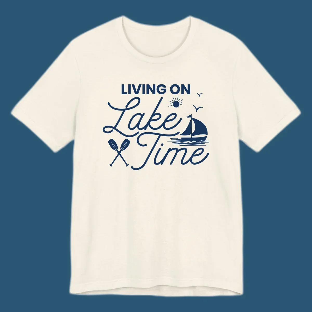 Living on lake time text with sailboat, sun, birds, and oars.