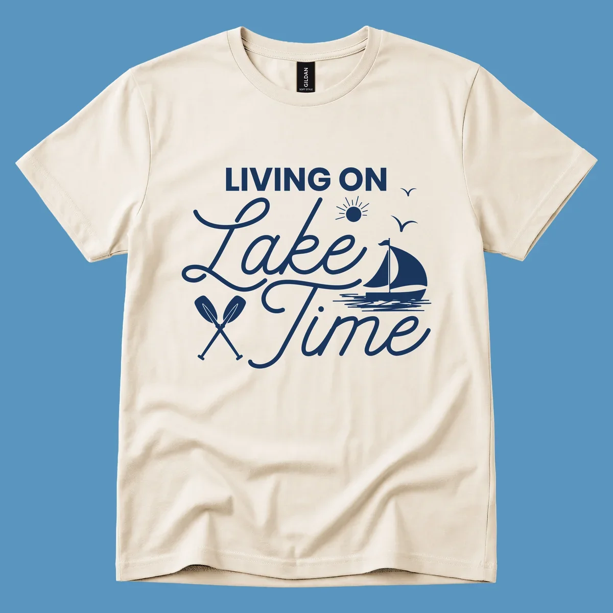 Living on lake time text with sailboat, sun, birds, and oars.