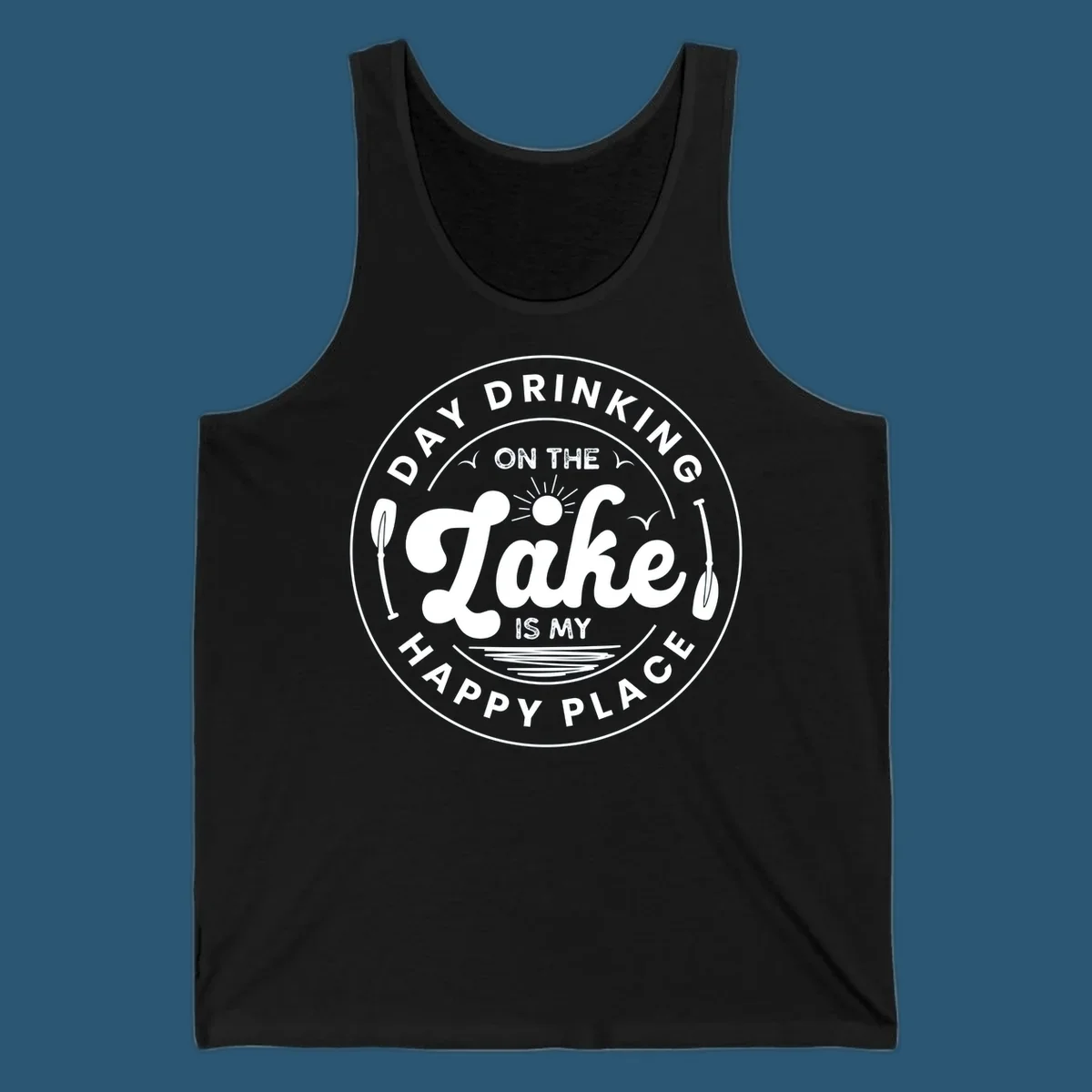 Circular badge design with text 'Day Drinking On The Lake Is My Happy Place' and lake-themed graphics.