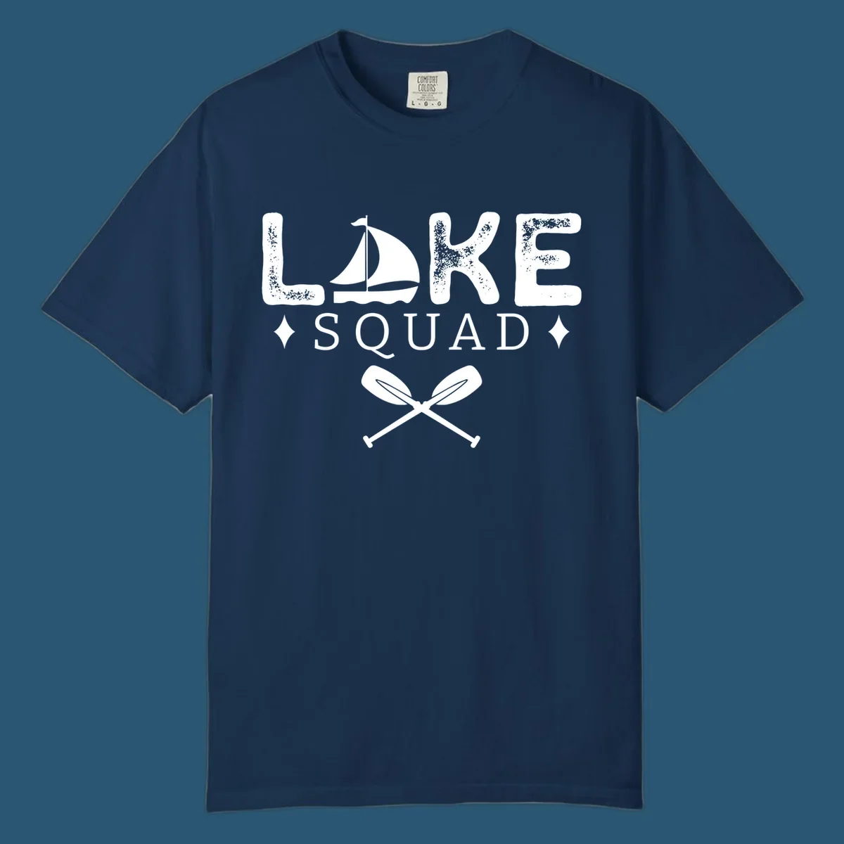 Lake Squad design featuring text, a sailboat, and crossed oars.