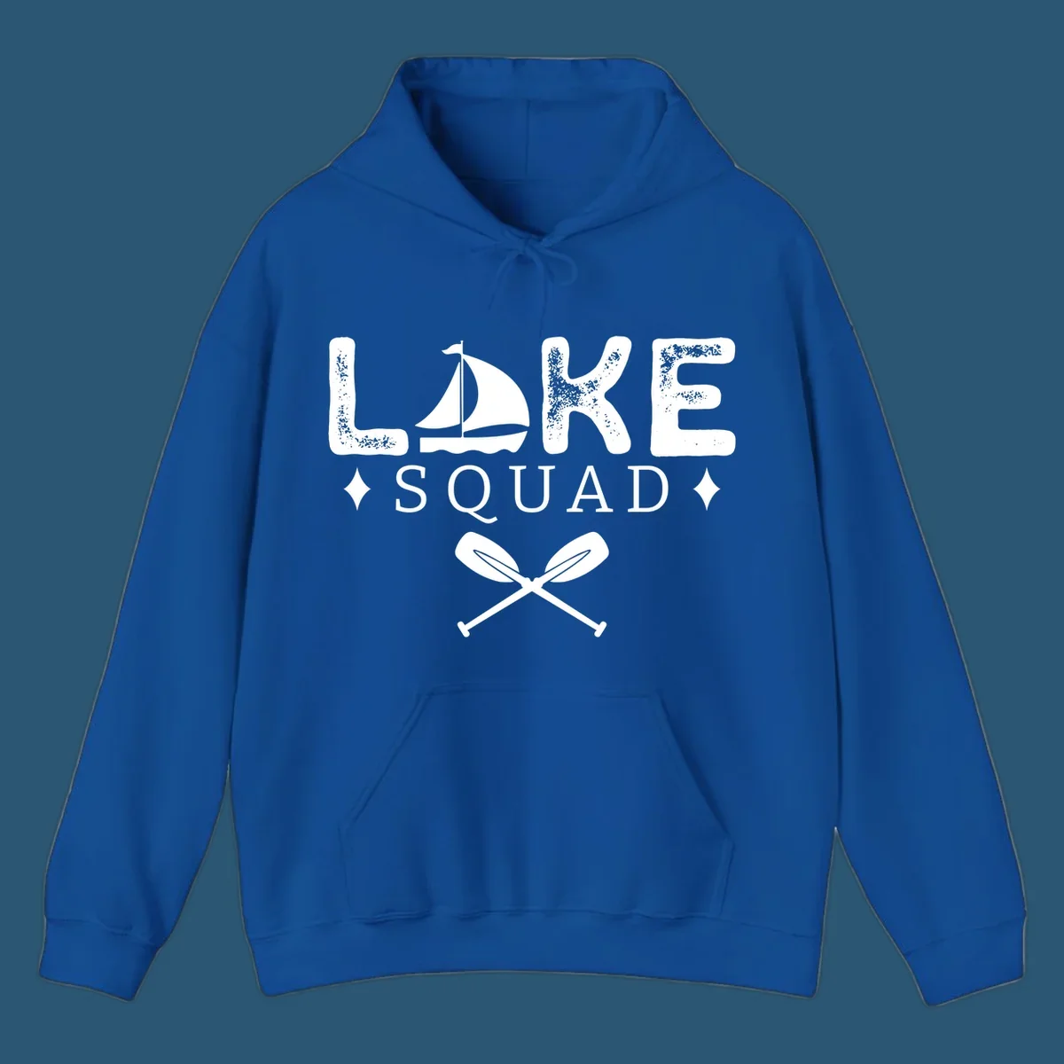 Lake Squad design featuring text, a sailboat, and crossed oars.