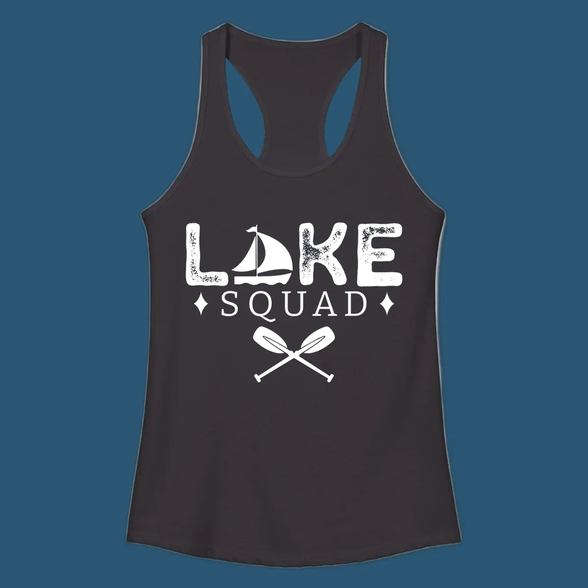 Lake Squad design featuring text, a sailboat, and crossed oars.