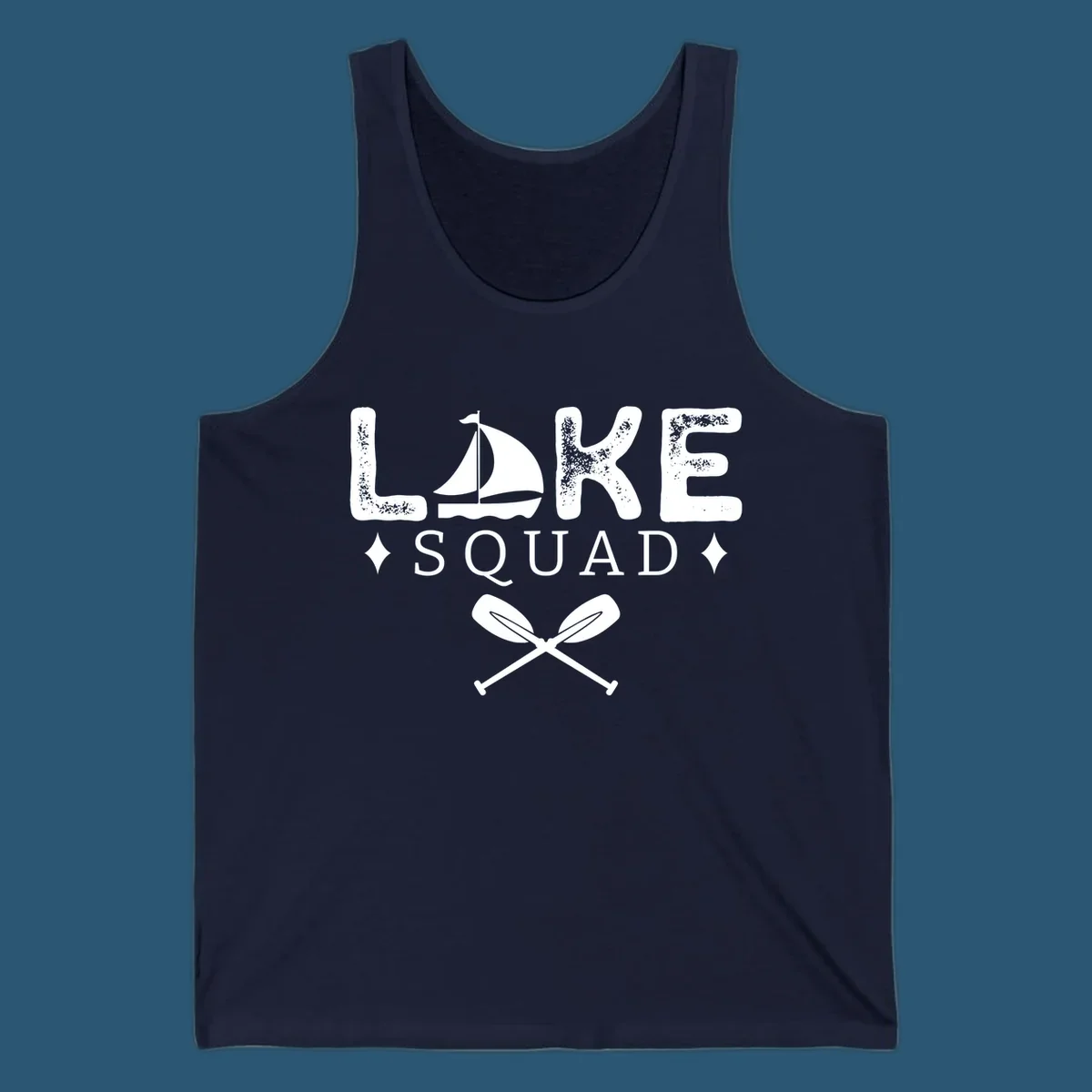 Lake Squad design featuring text, a sailboat, and crossed oars.