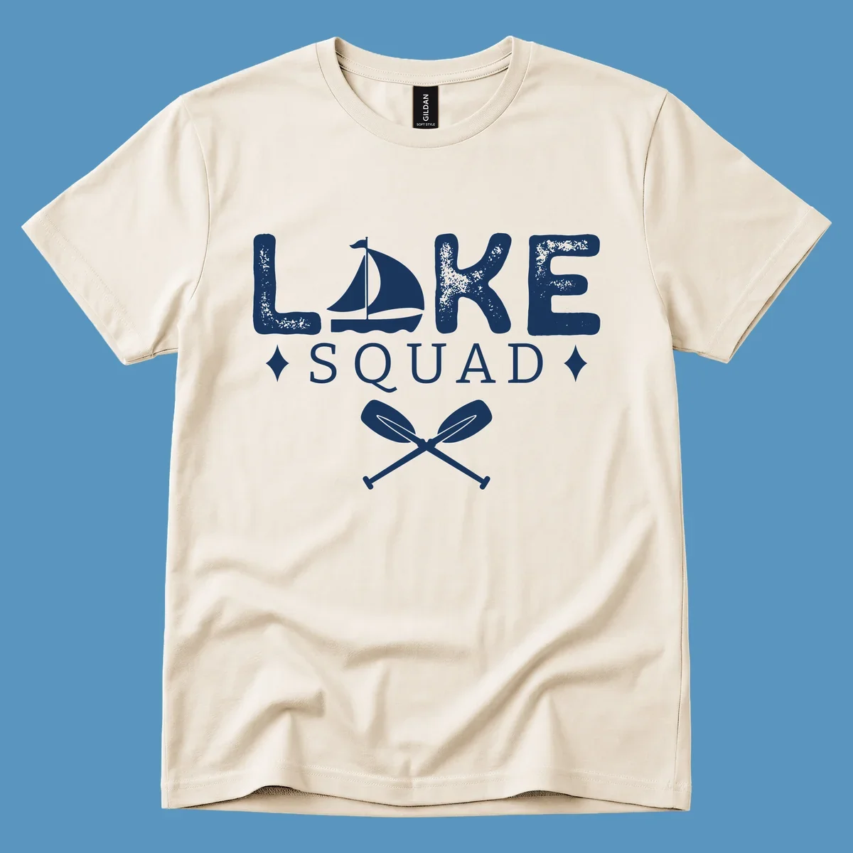Lake Squad design featuring text, a sailboat, and crossed oars.