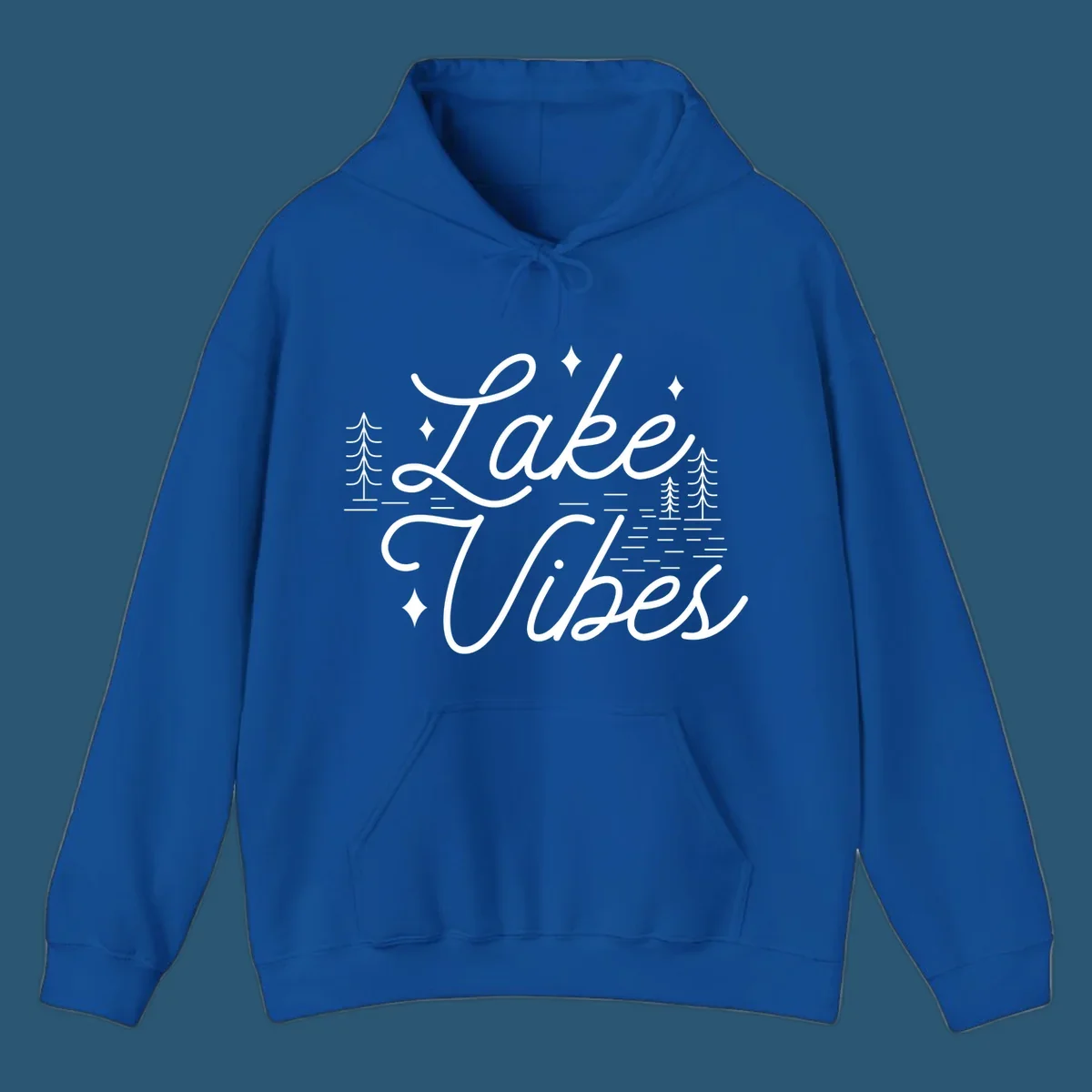 Lake Vibes text with pine trees and stars, nature-inspired lake graphic.