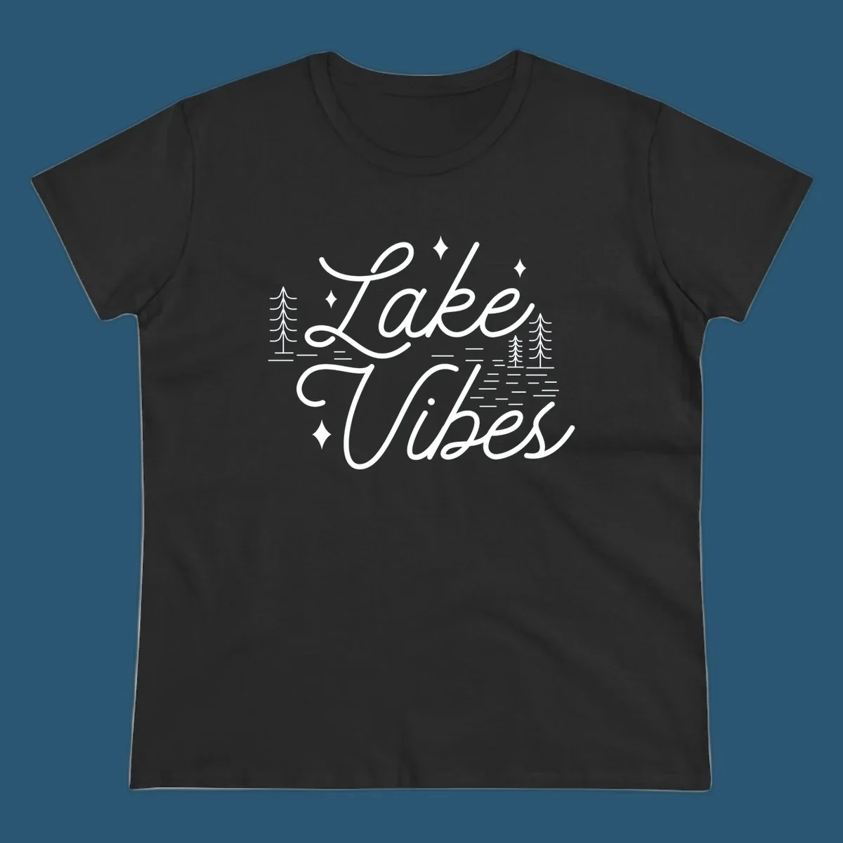 Lake Vibes text with pine trees and stars, nature-inspired lake graphic.