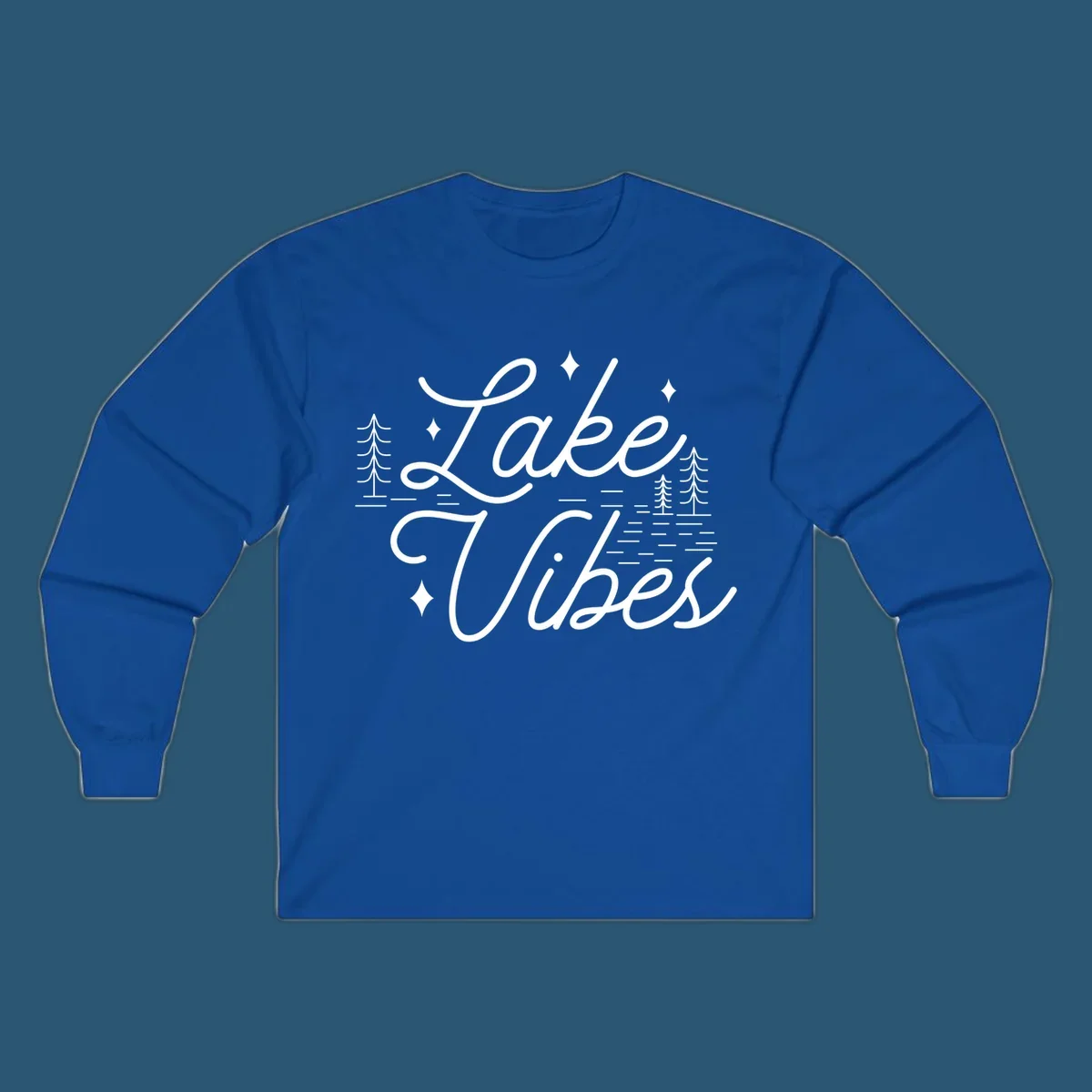 Lake Vibes text with pine trees and stars, nature-inspired lake graphic.