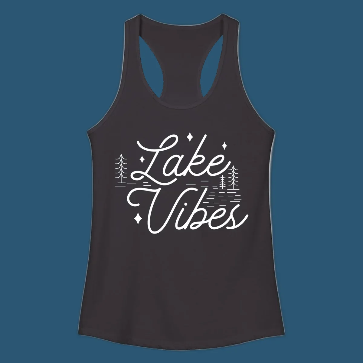 Lake Vibes text with pine trees and stars, nature-inspired lake graphic.