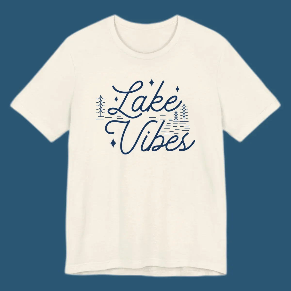 Lake Vibes text with pine trees and stars, nature-inspired lake graphic.
