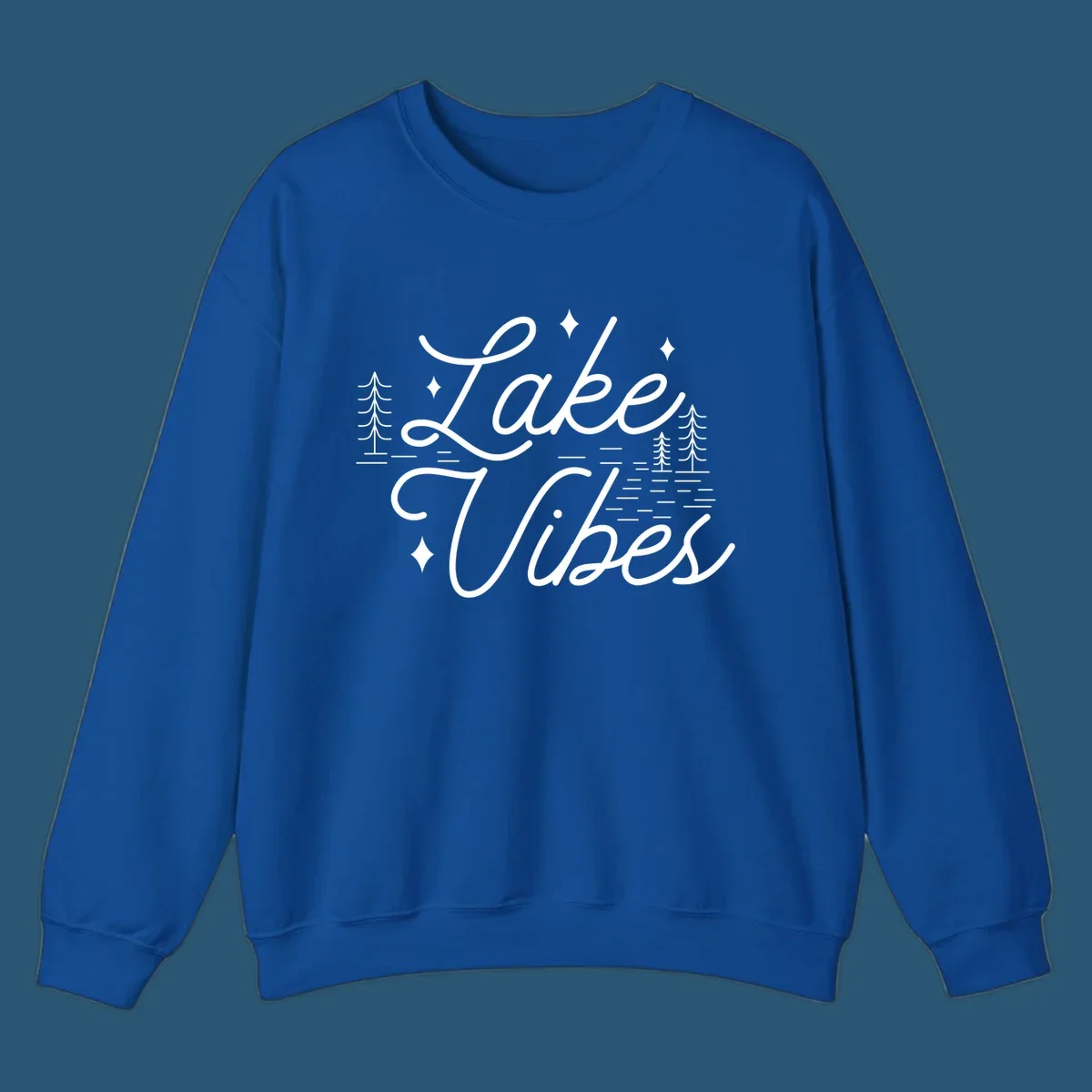Lake Vibes text with pine trees and stars, nature-inspired lake graphic.