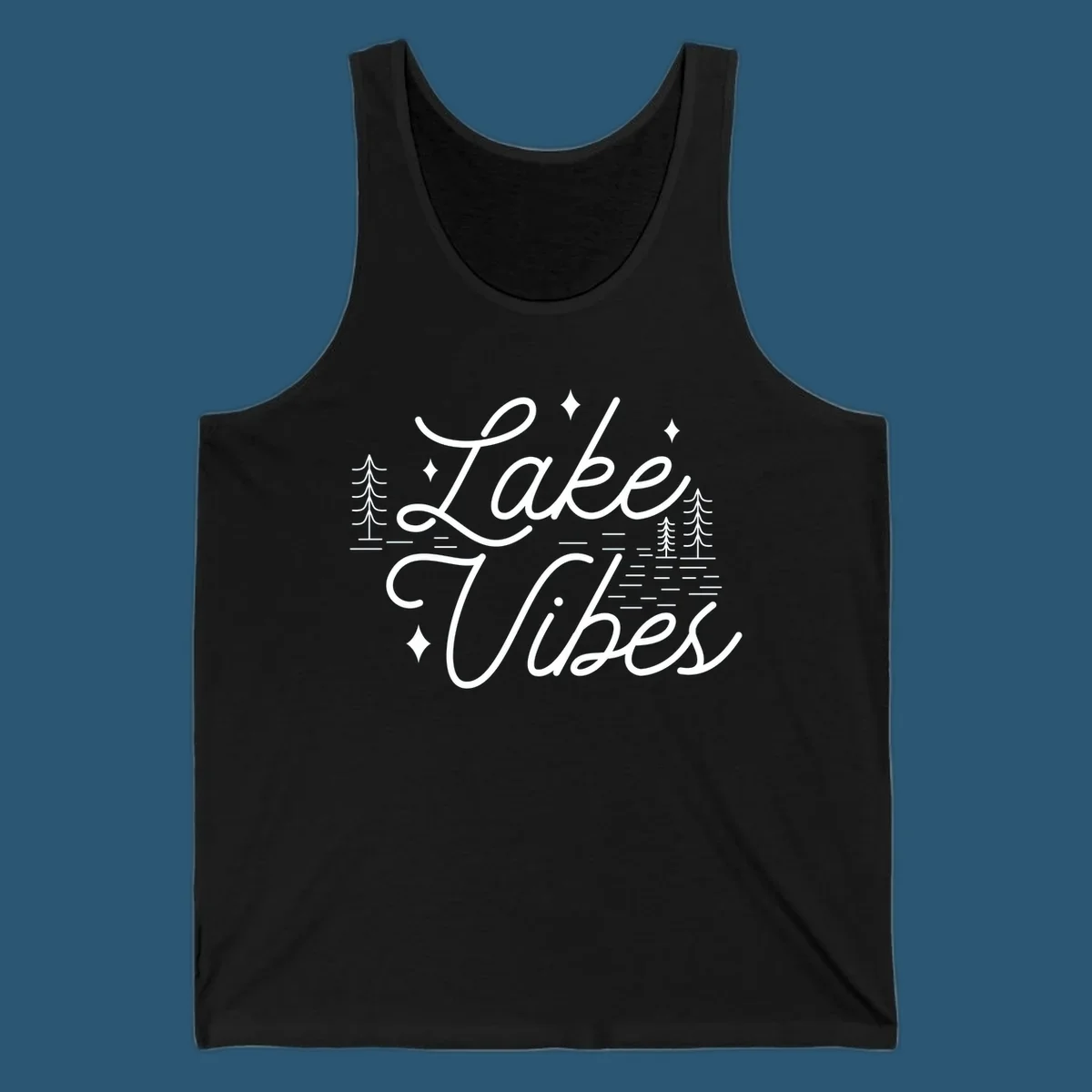 Lake Vibes text with pine trees and stars, nature-inspired lake graphic.