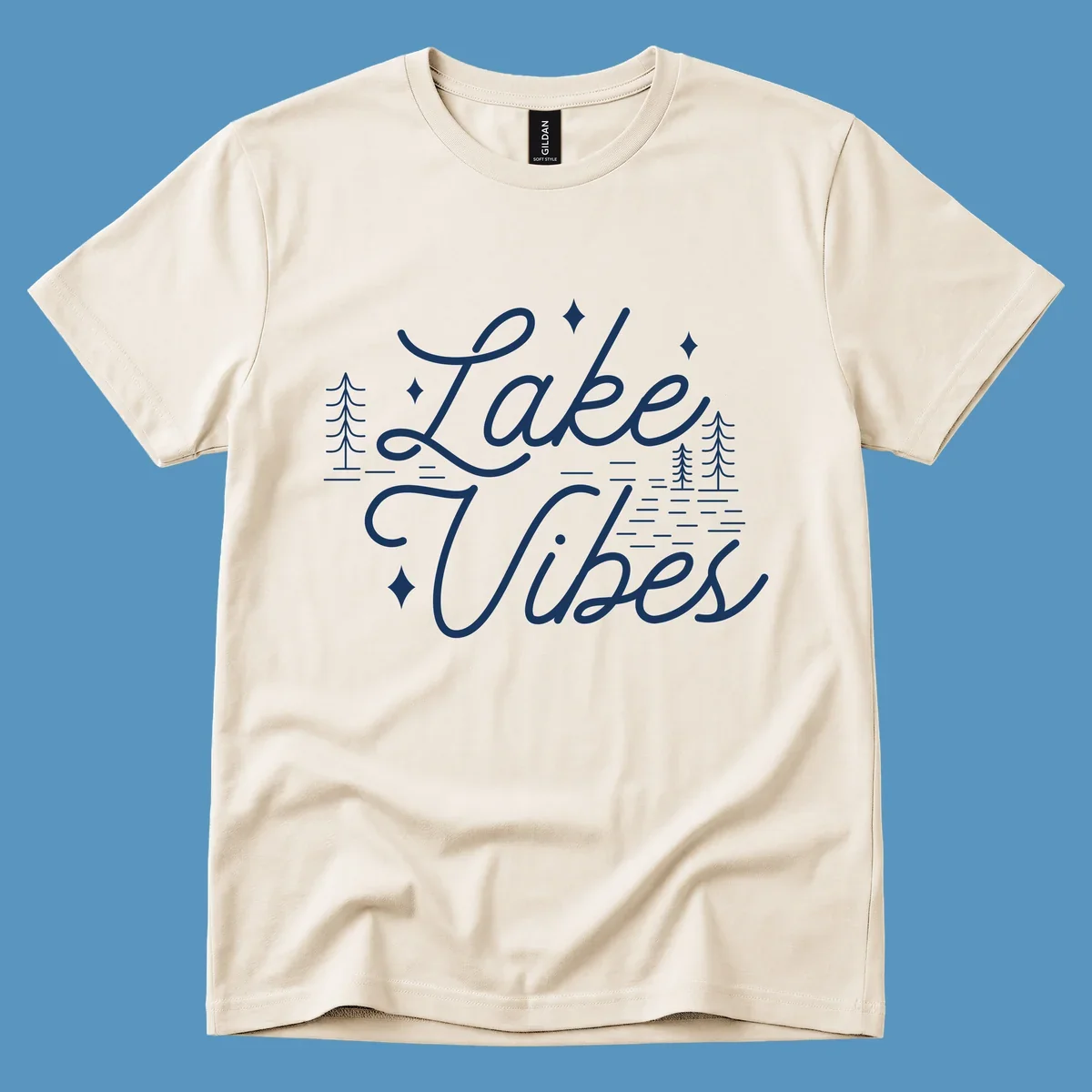 Lake Vibes text with pine trees and stars, nature-inspired lake graphic.