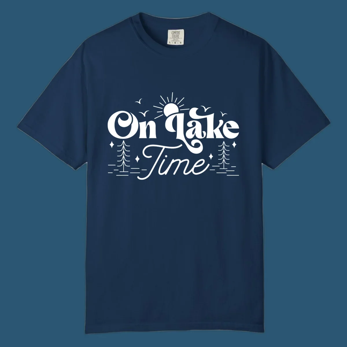 On lake time text with sun, birds, trees, and water illustration.