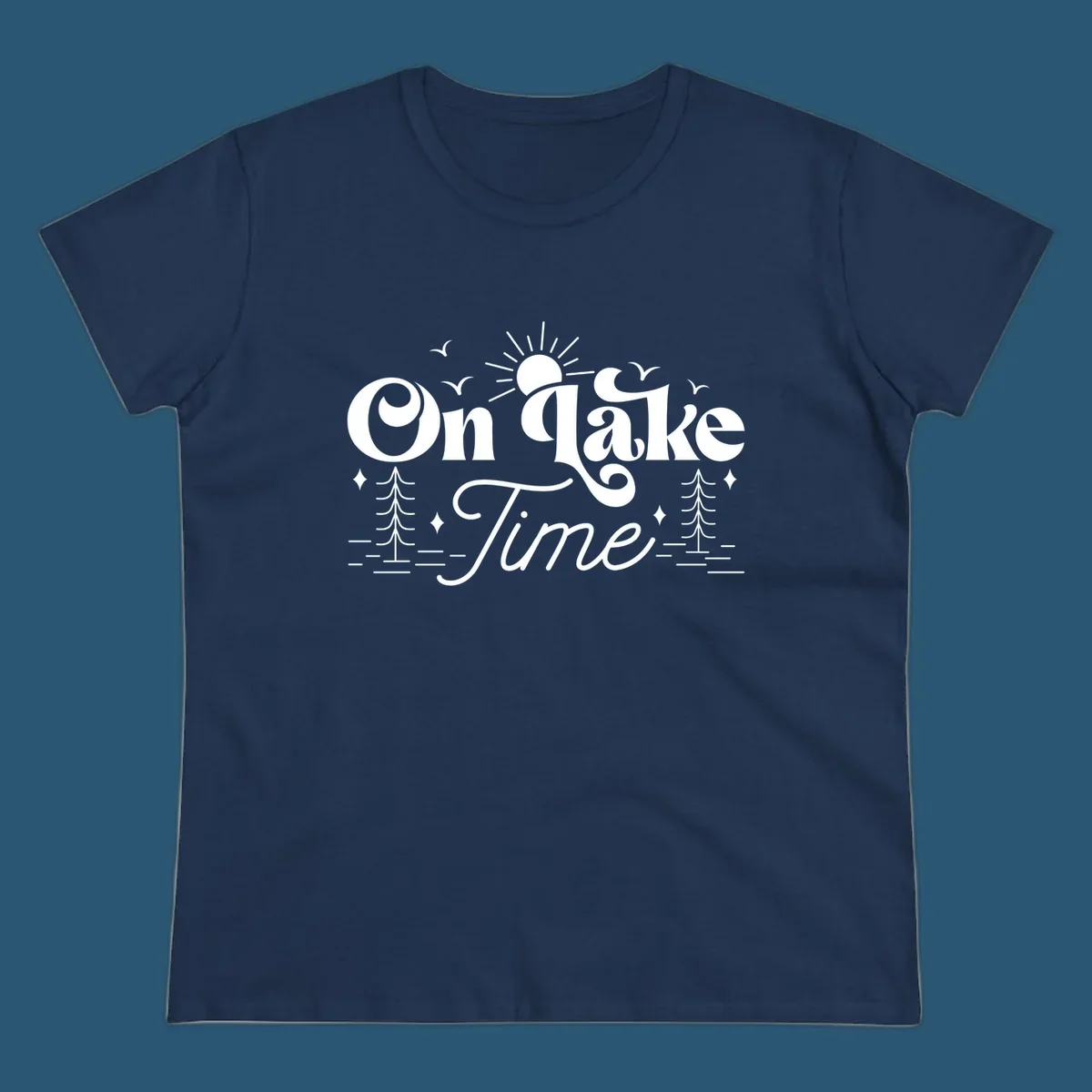 On lake time text with sun, birds, trees, and water illustration.