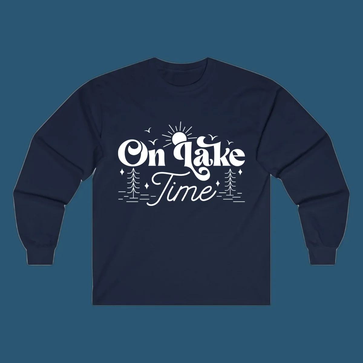 On lake time text with sun, birds, trees, and water illustration.