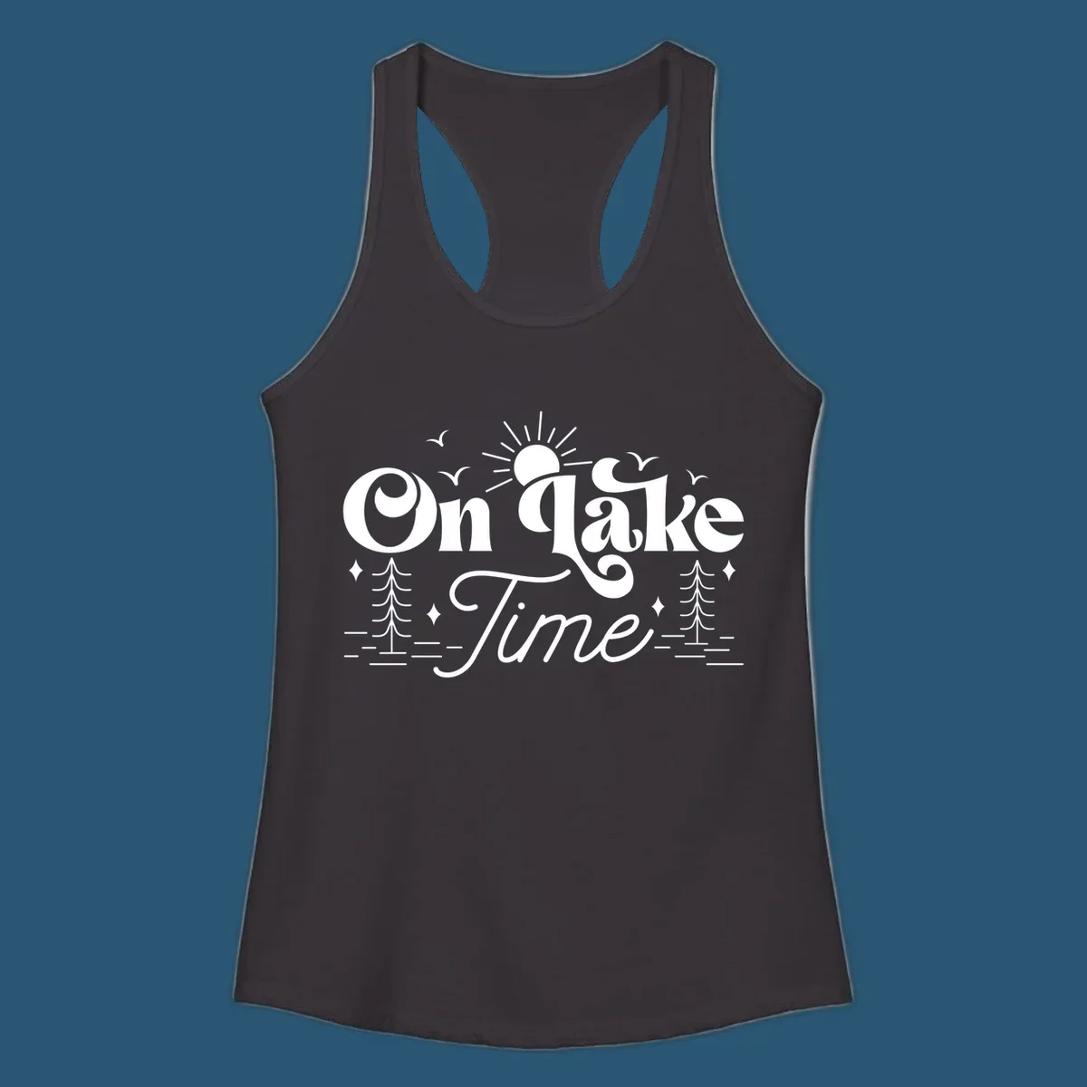 On lake time text with sun, birds, trees, and water illustration.