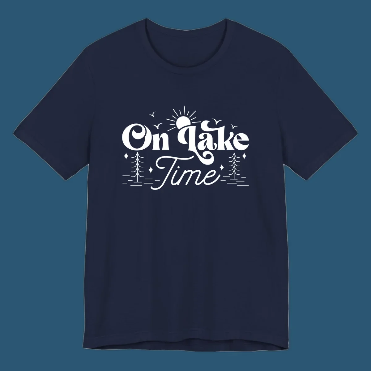 On lake time text with sun, birds, trees, and water illustration.