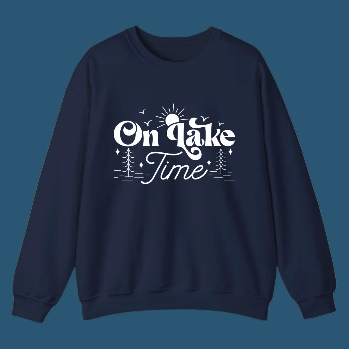 On lake time text with sun, birds, trees, and water illustration.