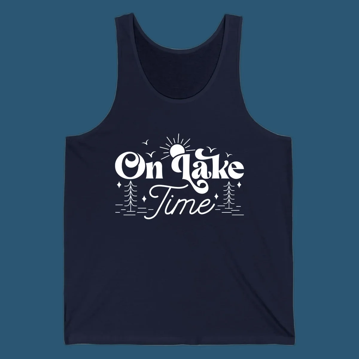 On lake time text with sun, birds, trees, and water illustration.