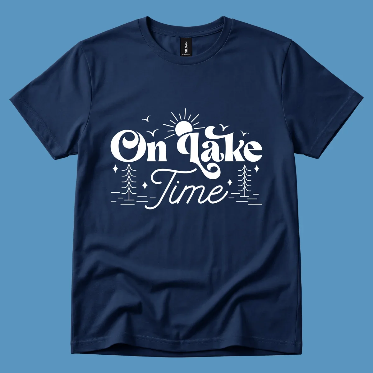 On lake time text with sun, birds, trees, and water illustration.
