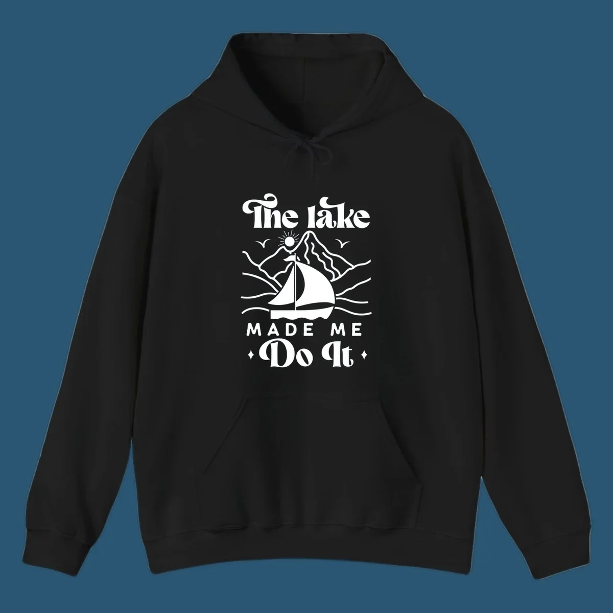 The lake Made Me Do It sailboat illustration with mountains and birds, lake-made-me-do-it concept.