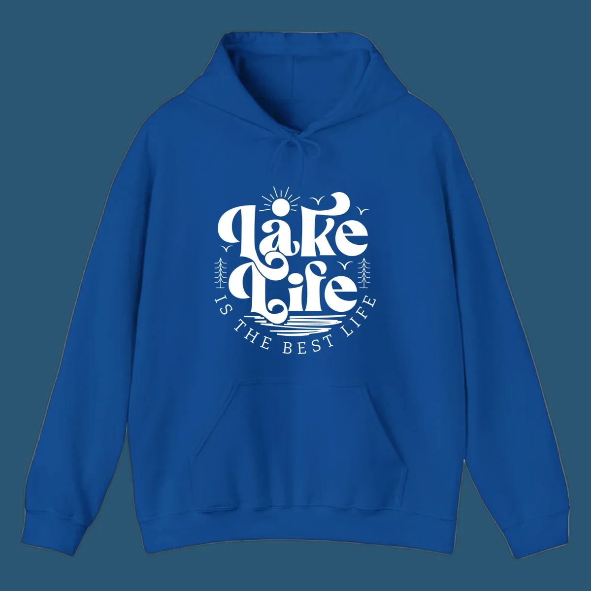 Lake life is the best life typography design with sun, birds, trees, and water elements.