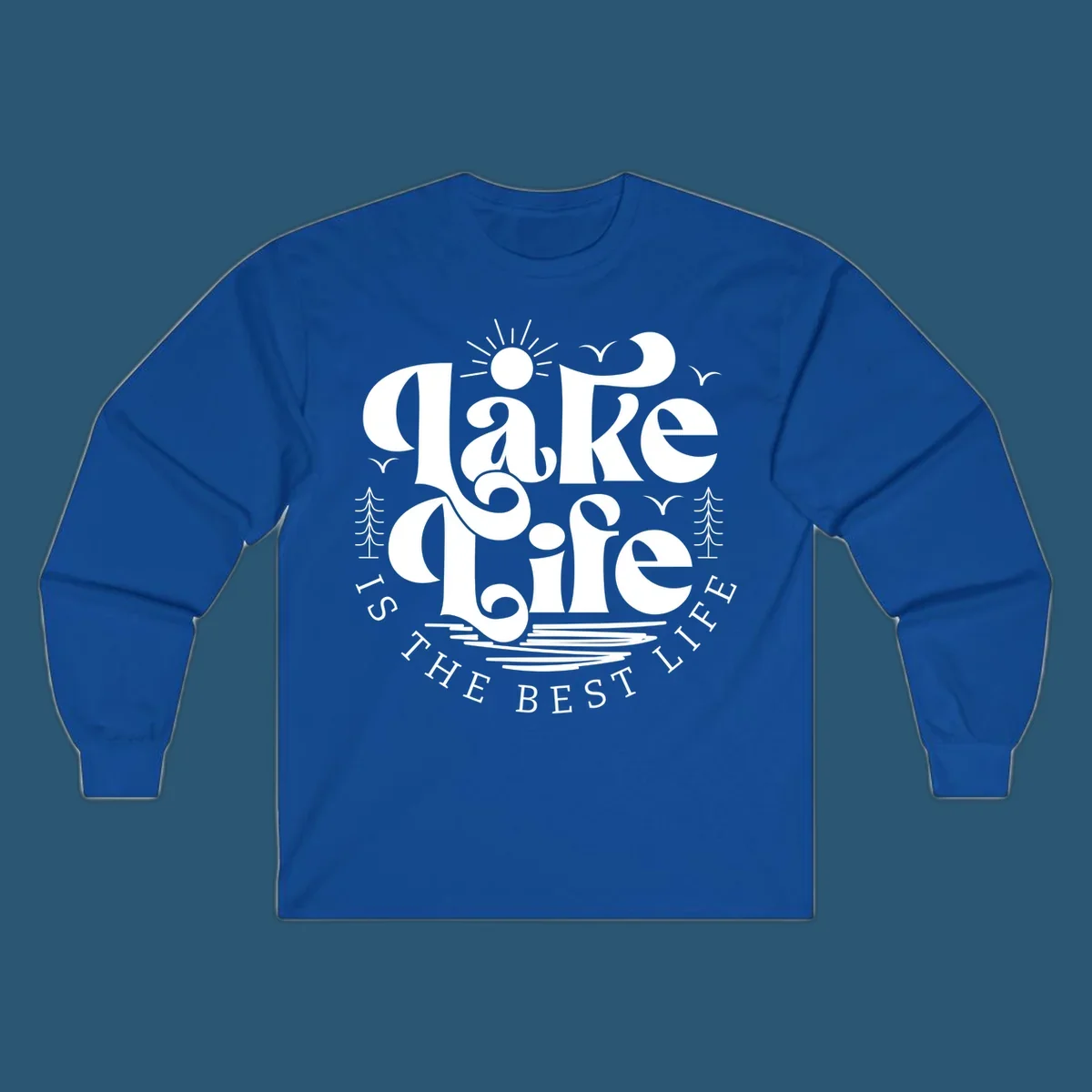 Lake life is the best life typography design with sun, birds, trees, and water elements.