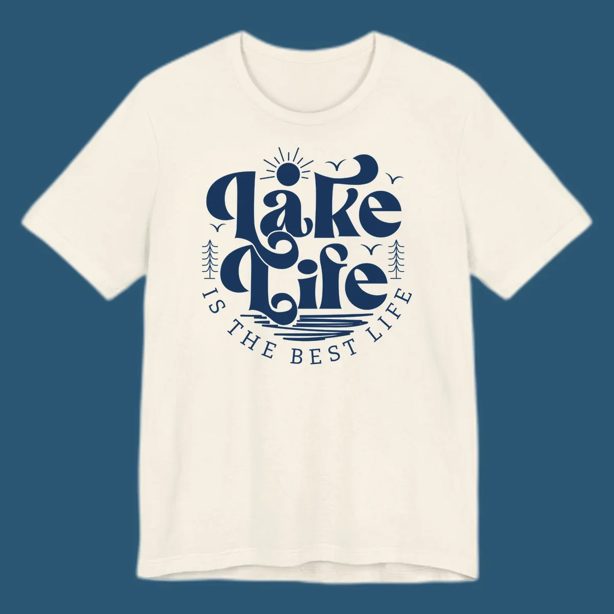 Lake life is the best life typography design with sun, birds, trees, and water elements.