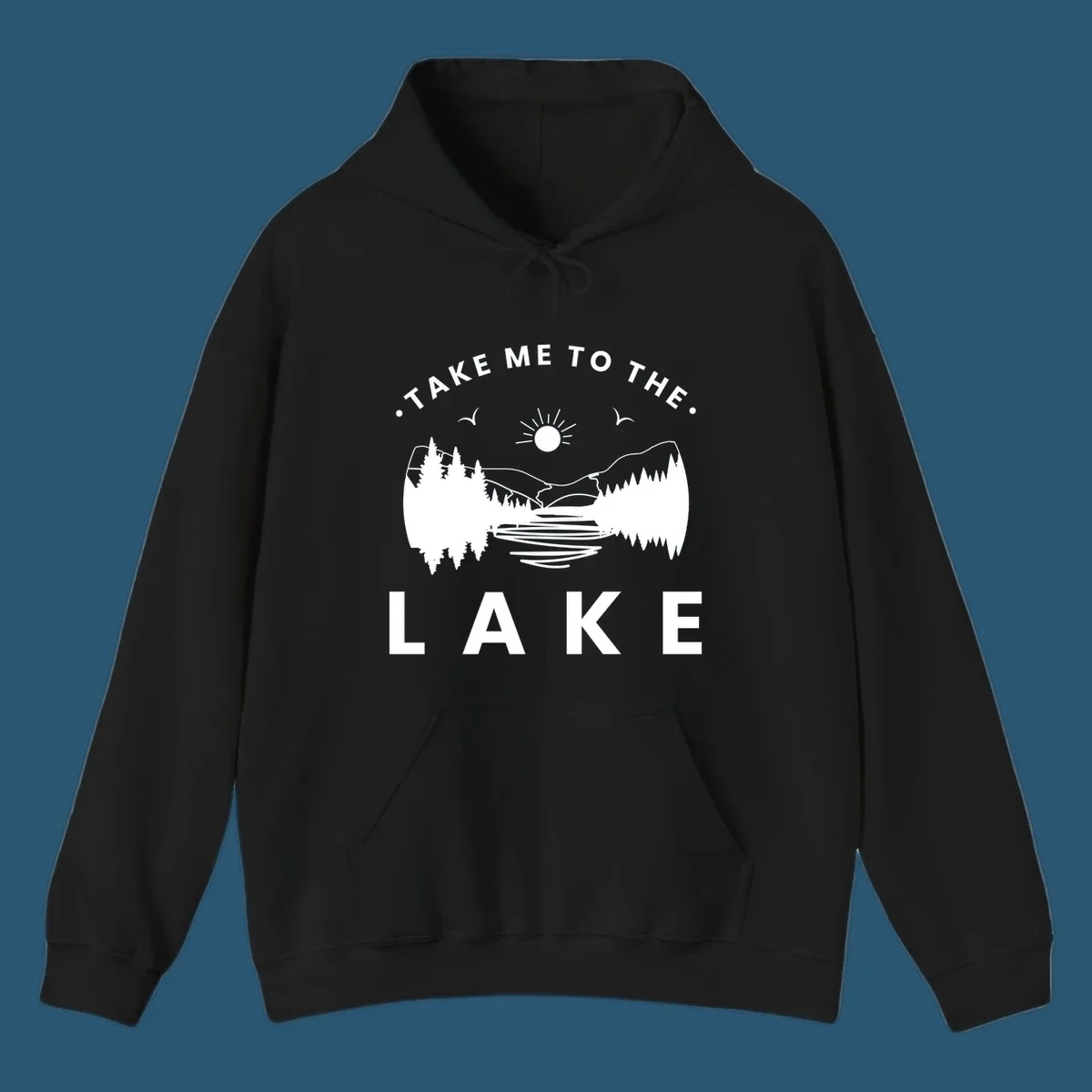 Take me to the lake mountains design with text and scenic illustration.