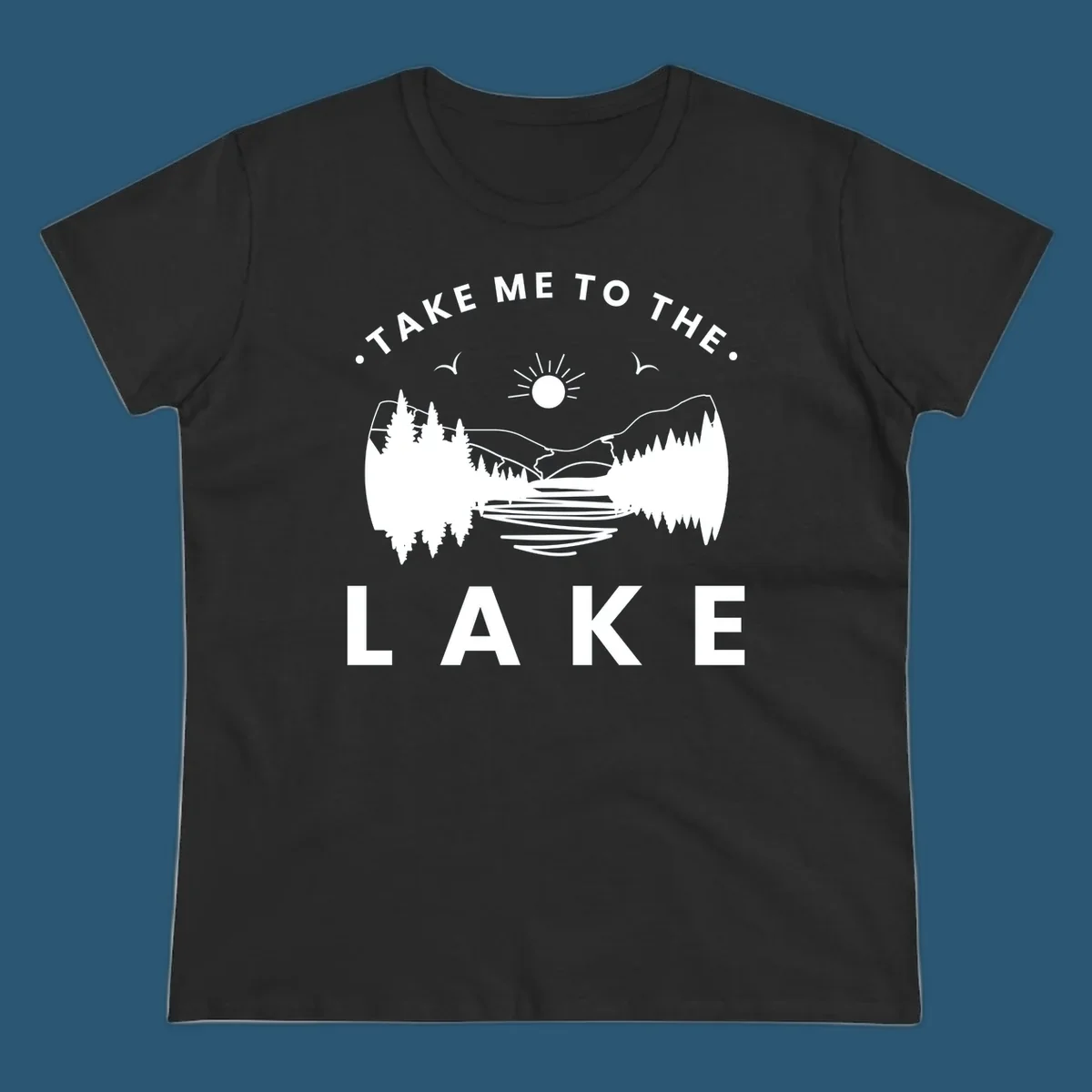 Take me to the lake mountains design with text and scenic illustration.