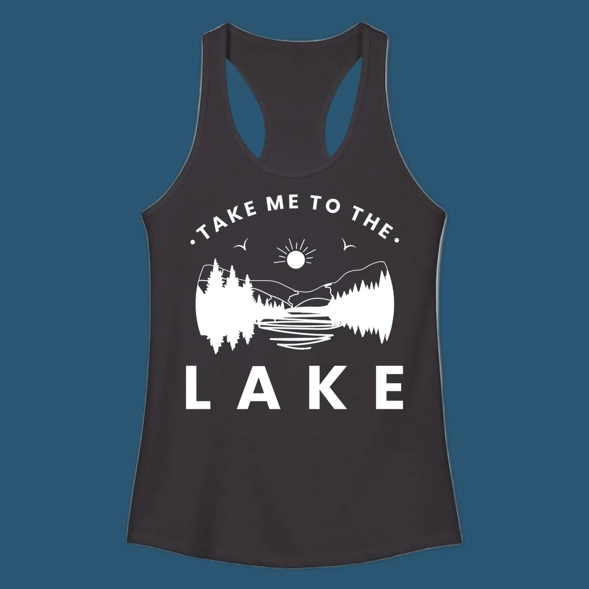 Take me to the lake mountains design with text and scenic illustration.