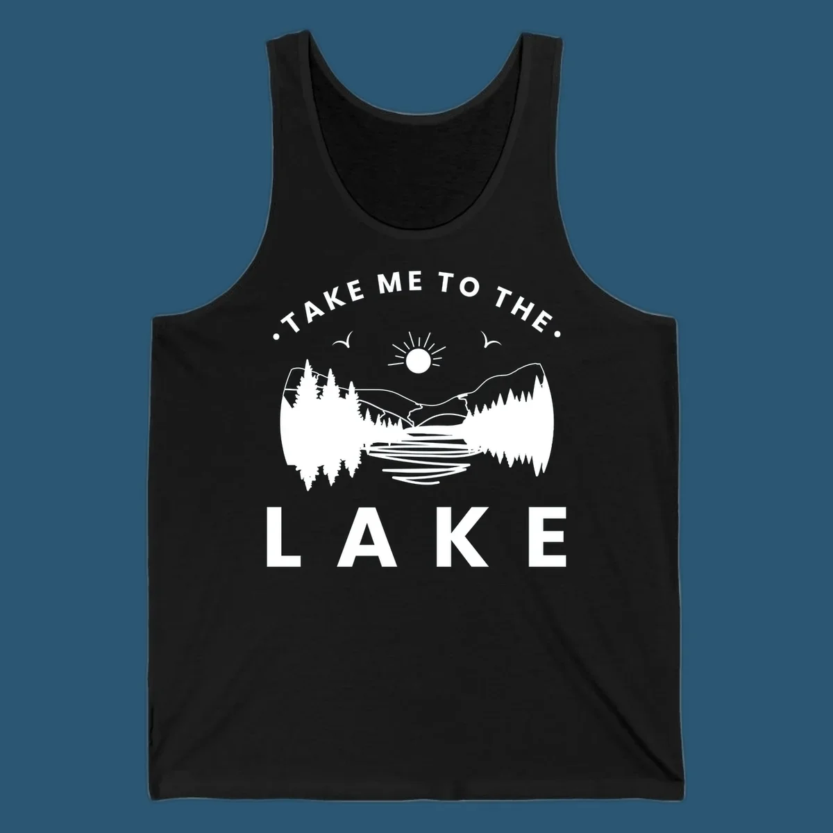 Take me to the lake mountains design with text and scenic illustration.