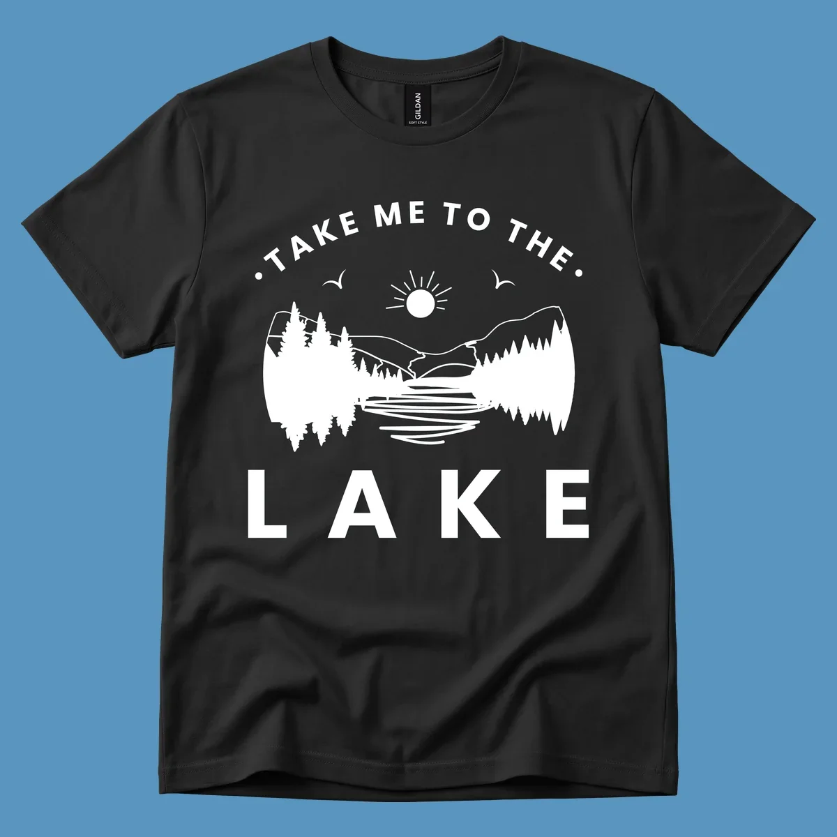 Take me to the lake mountains design with text and scenic illustration.