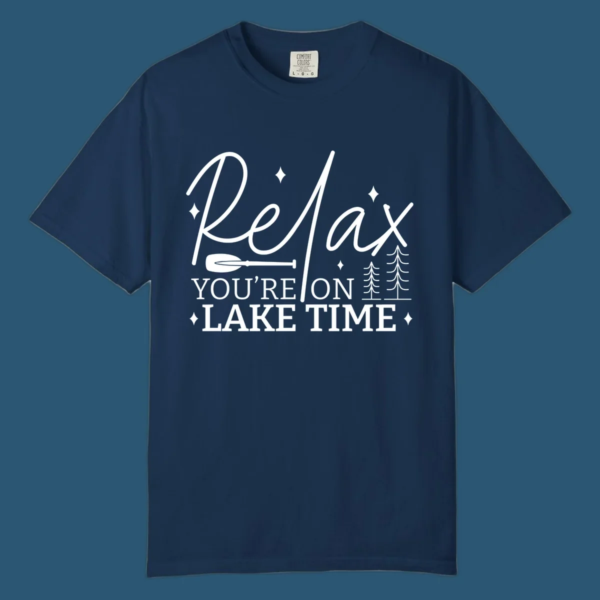 Relax You're On Lake Time text with paddle and trees graphic. lake-time-relax