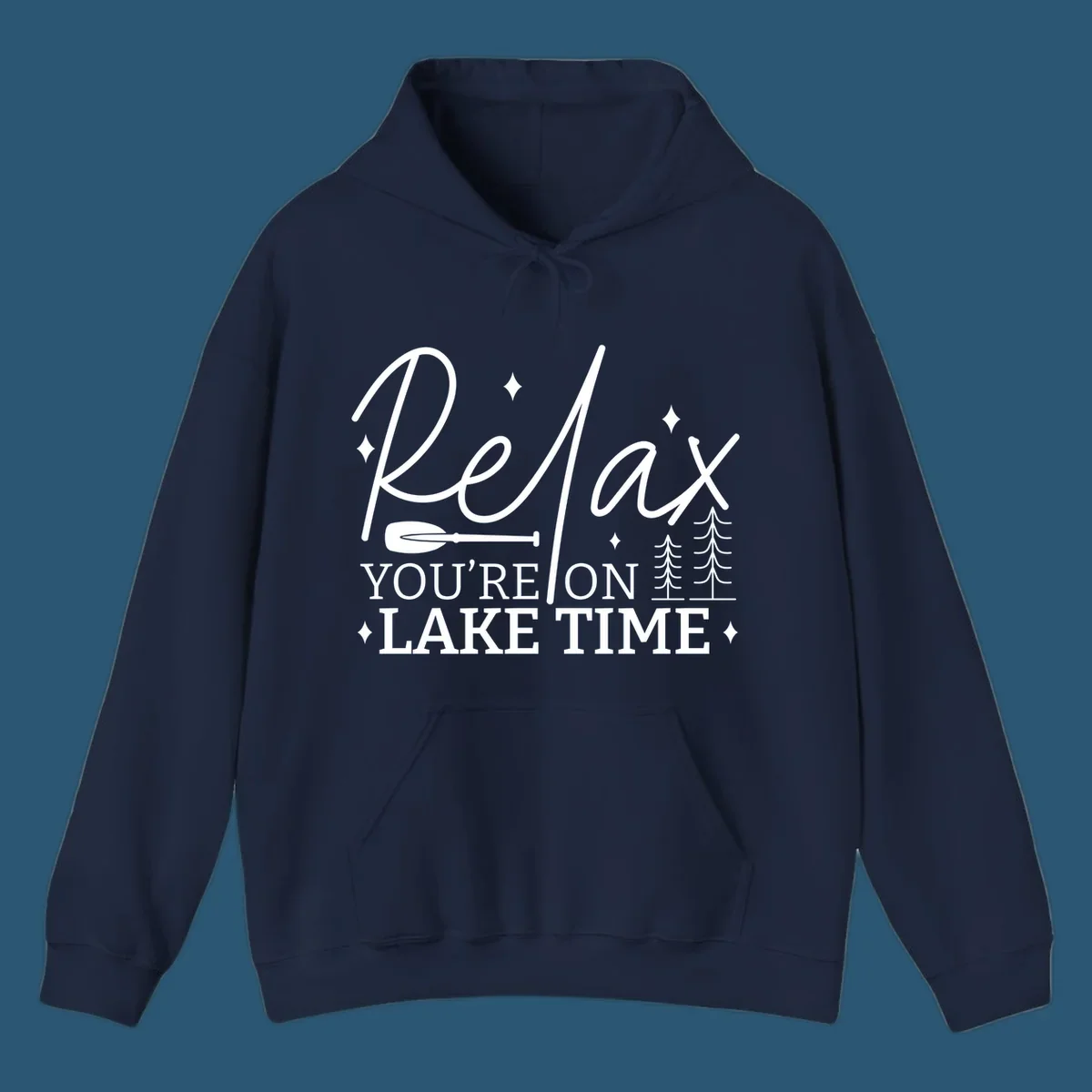 Relax You're On Lake Time text with paddle and trees graphic. lake-time-relax