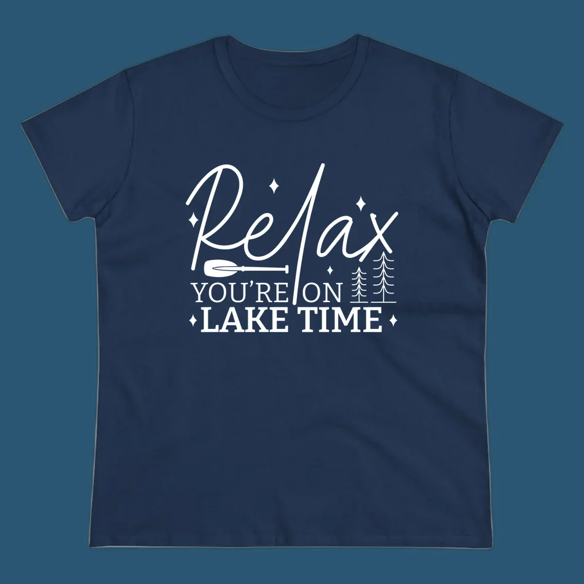 Relax You're On Lake Time text with paddle and trees graphic. lake-time-relax