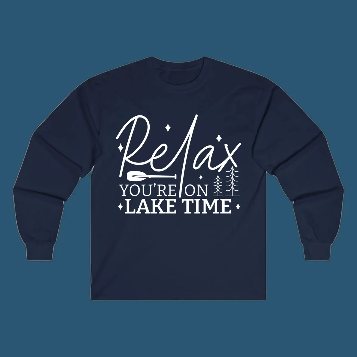 Relax You're On Lake Time text with paddle and trees graphic. lake-time-relax