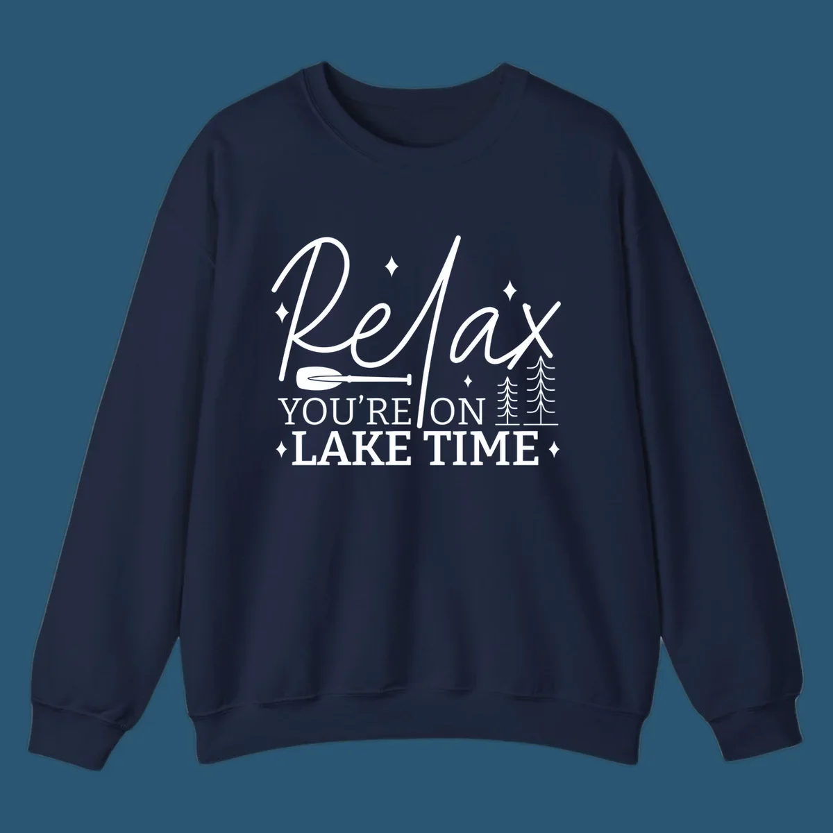 Relax You're On Lake Time text with paddle and trees graphic. lake-time-relax