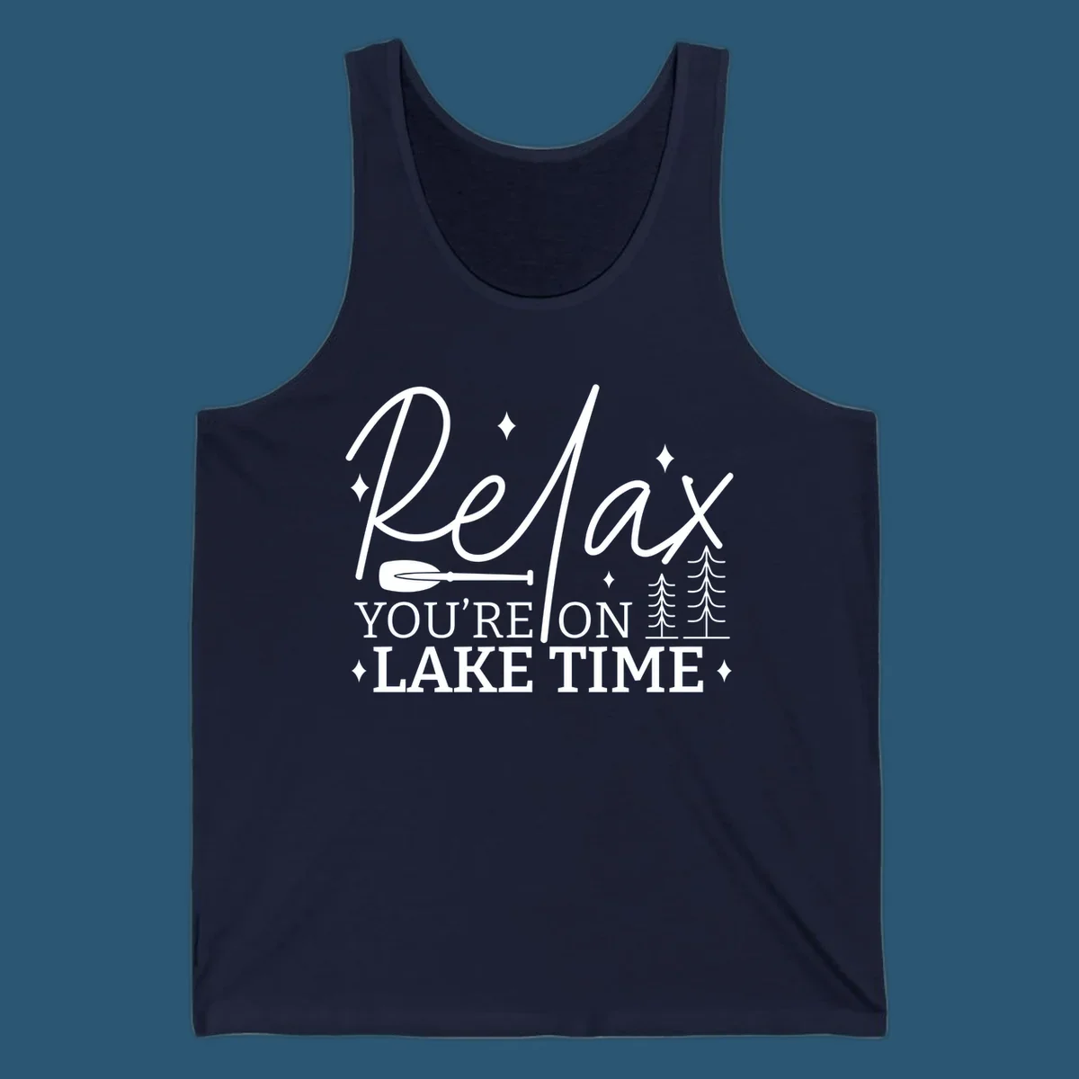 Relax You're On Lake Time text with paddle and trees graphic. lake-time-relax