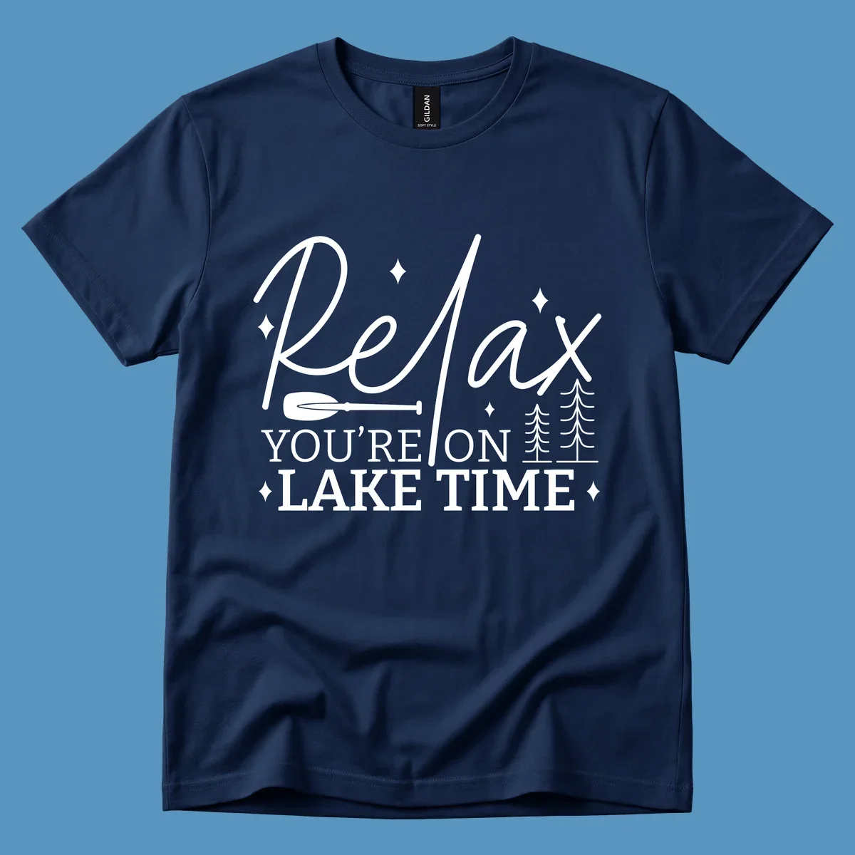Relax You're On Lake Time text with paddle and trees graphic. lake-time-relax